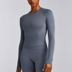 Sweat Wicking Ladies Long Sleeve Compression Shirt Body Fit Four Way Stretchable Crew Neck <b>Thumb</b> Hole <b>Cuffs</b> Seamless Yoga Wear - Product Image 1
