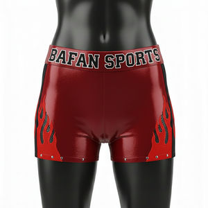 Shorts de mujer de algodón premium con elastano, color granate, con pedrería dorada y logotipo personalizado por transferencia térmica. - Product Image 1