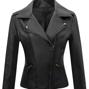 Chaqueta de Motociclista de Cuero Genuino de Piel de Oveja Negra para Mujer, con Cierre, Cuello Camisero, Chaqueta de Cuero a la Moda - Product Image 2