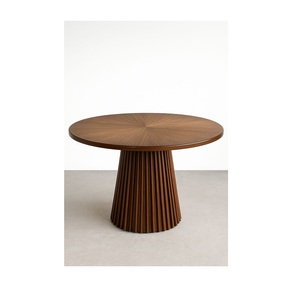 Mesa de Centro Contemporánea de Nogal con Diseño Acanalado, Mesa Auxiliar Circular Grande con Base de Pedestal y Tapa con Acabado de Madera en Forma de Estrella y Laterales Acanalados Cónicos - Product Image 3