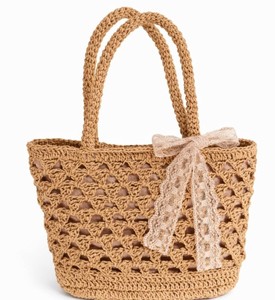 Handwoven Paper Yarn Tote Bag, Boho Summer Shoulder Bag, <b>Lace</b> Bow Detail - Product Image 2