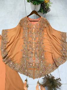 Conjunto de Salwar Kameez de Georgette Sintética Naranja con Estampado Digital, Bolero Bordado con Borlas, Traje de Boda Pakistaní para Mujer - Product Image 3