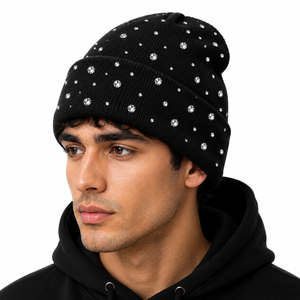 Custom Rhinestone Beanie Hat for <b>Men</b> Women | Sparkle Crystal Cuffed Knit Winter <b>Cap</b> | OEM Wholesale - Product Image 2