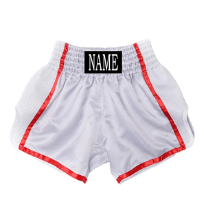Shorts de Muay Thai personnalisés en satin blanc, jaune, bleu, avec maille élastique, logo OEM, patch logo et nom personnalisés - Product Image 6