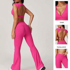 Ensemble de yoga 6 pièces pour femme, col en V profond, dos nageur, taille haute, pantalon évasé long, rose uni, Spandex/Nylon, séchage rapide, sans couture - Product Image 3