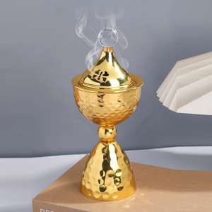 Luxury Gold Finish Crystal Oud Burner <b>Hammered</b> Metal Goblet Design With Lid. Premium Arabian Bakhoor <b>Holder</b> For Home Decor - Product Image 1