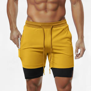Shorts de sport jaunes unis pour hommes avec poches, taille à cordon de serrage, séchage rapide, en tissu tricoté, taille mi-haute, longueur courte, vêtements de sport - Product Image 6