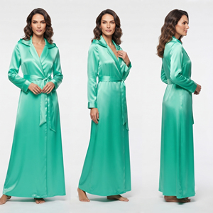 Robe longue en satin pour femmes, manches longues, col rabattu, robe de nuit en soie - Product Image 3