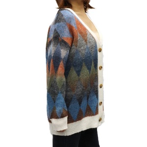 Cardigan en tricot à col en V pour femme, manches longues, motif Argyle, boutons sur le devant, vêtement décontracté d'automne, matière acrylique douce - Product Image 4