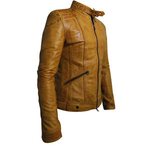 Chaqueta de Motociclista para Hombre, Estilo Urbano, Ajustada, Impermeable y Resistente al Viento, de Cuero Genuino Amarillo Mostaza - Product Image 3
