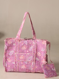 Sac fourre-tout en coton matelassé rose lotus assorti OEM avec pochette - Sac de courses réutilisable éco-responsable style bohème - Product Image 1