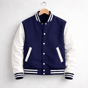 Chaqueta Varsity para Hombre en Color Azul Marino y Blanco con Bloques de Color, Cuello Alto, Estilo Béisbol, Chaqueta Letterman para Otoño - Product Image 5