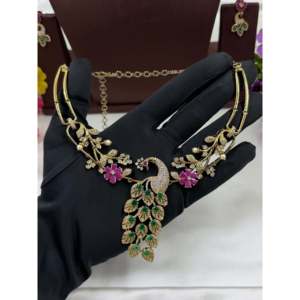 Indian Ethnic Rishika Peacock Design Victorian Gold Plated Bridal Necklace & Earring Set - Product Image 3
