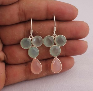 Vente en gros de boucles d'oreilles en argent sterling 925 avec quartz rose, pierre précieuse naturelle aquacalcédoine, fabricant de bijoux, idée cadeau pour femme - Product Image 1