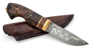 Couteau utilitaire fixe en acier Damas pour l'extérieur avec manche en bois de burl et bolster en banderole de bois - Product Image 1