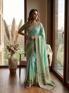 Designer Digital Print With Hand Aari Work And Hand Khatli Work Real Mirror Work with Gota Piping Border Chinon Silk <b>Saree</b> - Product Image 5