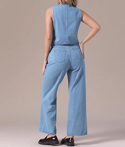 Trajes Casuales de Mezclilla de Diseño Clásico para Mujer, Estilo Vintage, Transpirables, de 2 Piezas, sin Mangas, Conjuntos de Verano 100% Algodón - Product Image 3