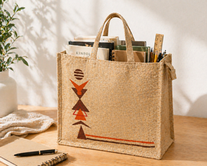 Oversized Natural Jute Tote <b>Bag</b> with Two Color Geometric Print Eco Friendly <b>Reusable</b> Shopping Carry <b>Bag</b> - Product Image 2
