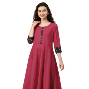 Cotton Slub Anarkali <b>Kurta</b> Dress Ikat Printed Floral Blouse Ethnic <b>Women</b> Summer Casual Knee-Length Sun Protection - Product Image 1