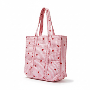 Bohemian Quilted Tote Bag for Women Cotton Hand Print Light for Pink <b>Gingham</b> Check with <b>Red</b> Heart Beach Essential - Product Image 1