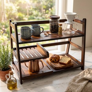 Modern Double Tier Wooden <b>Storage</b> <b>Rack</b> With Metal Frame For <b>Kitchen</b> Spice And Fruit Organization Standing Type Durable counter - Product Image 2