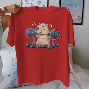 เสื้อยืดผู้หญิงผ้าคอตตอนแท้ลายการ์ตูน capybara แบบยกบาร์เบลสวมใส่สบาย - Product Image 4