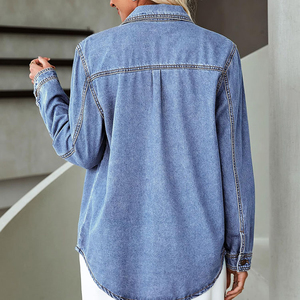 Plus Size Knitted Denim Shirt Women Skinny Long <b>Top</b> <b>Asymmetrical</b> <b>Hem</b> Two Pocket Vintage Casual Winter Front Button Eco-Friendly - Product Image 2