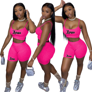 Custom Logo Women Sport Bra Biker <b>Shorts</b> Matching 2 Piece Set Solid Color Breathable Knitted Skinny Activewear Spring Summer - Product Image 5