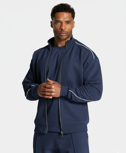 Ensemble de survêtement d'hiver pour homme 100 % coton, couleur unie, avec sweat-shirt zippé à col montant et pantalon de jogging, personnalisable avec logo, décontracté - Product Image 5