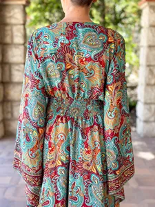 Robe longue bohème vintage à fleurs, élégante, col en V, manches évasées, robe maxi imprimée en soie - Product Image 6