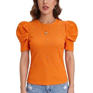 <b>Bubble</b> Short Sleeve Fashion Rhinestone Embellished Custom women's shirt Cotton Stretch Solid Crop T-Shirt Elegant Spring Summer - Product Image 5