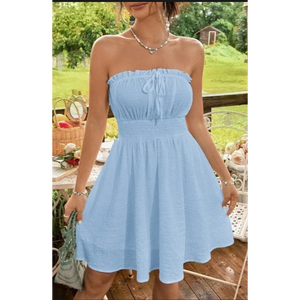 Robe Courte Sans Bretelles à Taille Smockée et Volants, Bandeau Texturé, Nœud sur le Devant, Ourlet à Volants, Robe d'Été - Product Image 2