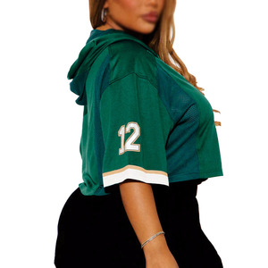 เสื้อเจอร์ซีย์สปอร์ตครอปสีเขียวมีฮู้ดสำหรับผู้หญิงสไตล์ Y2K แขนสั้น แต่งผ้าตาข่าย หมายเลขเสื้อแบบอเมริกันฟุตบอล ขายส่ง - Product Image 3