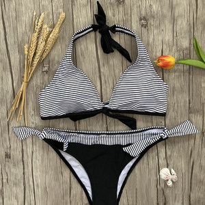 Conjunto de bikini halter a rayas para mujer, pantalones de cintura alta, traje de baño elástico de poliéster y spandex - Product Image 2