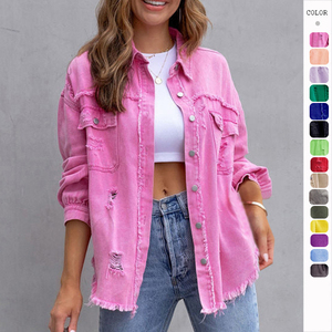 Women's Red Denim Jacket Distressed Cut-Out Loose Fit Casual Spring Style Solid Color <b>Button</b> Front Cotton Fabric - Product Image 2