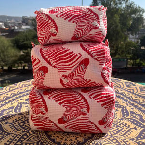 3 Toiletry <b>Bags</b> <b>Set</b> <b>Of</b> Indian Quilted Cotton Red Zebra Striped Print Zipper Block Fashion <b>Bag</b> <b>Set</b> Tassel Wholesale Rate - Product Image 1