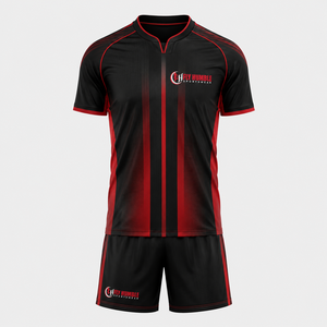 Ensemble de maillot et short de football unisexe Fly Humble Sportswear noir et rouge rayé, respirant, à manches courtes, coupe athlétique, toutes saisons - Product Image 1