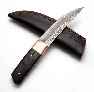 Cuchillo de Camping Personalizado Hecho a Mano de Acero de Damasco, Hoja Fija con Punta Caída, DIY OEM, Mango de Ébano Oscuro, Empuñadura de Cobre, Funda de Cuero - Product Image 5