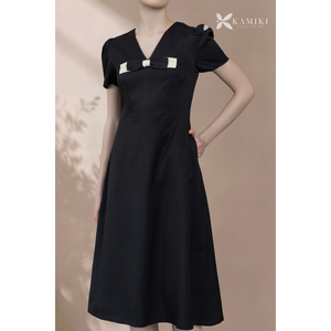 Elegante Vestido Midi Plisado con Manga con Volantes, Cuello Mandarín, Vestido de Oficina para Mujer, Corte en A, con Cinturón, Vestido Sólido 100% Algodón, Sencillo - Product Image 2