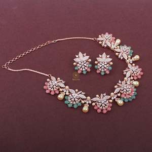 Flaura Fusion Designer Pearl and Zircon Necklace Set for Bridal Wedding - Product Image 2