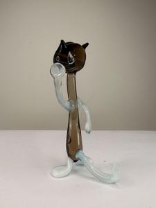 Figurine de chat en verre soufflé à la main, corps brun ambre, yeux bleus, sculpture animale transparente, décoration - Product Image 2
