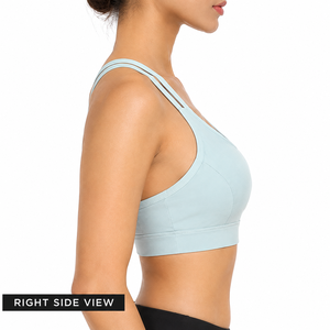 Sujetador deportivo de espalda cruzada de color liso para mujer, cuello redondo, soporte medio, transpirable, ropa deportiva de yoga, diseño sin costuras, azul claro - Product Image 3
