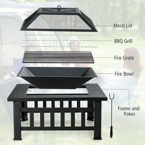 32-Inch 3-in-1 Square Fire Pit <b>Table</b> with <b>BBQ</b> Grill and Rain Cover for Outdoor Camping - Product Image 5