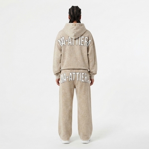 Conjunto de Sudadera con Capucha Oversize Beige Lavado y Pantalones Anchos de Felpa para Mujer, Chándal de Algodón Estilo Urbano OEM ODM - Product Image 2