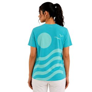 เสื้อยืดผู้หญิงสีฟ้าอควาแบบกำหนดเอง พิมพ์ลายคลื่น แขนสั้น คอกลม เสื้อลำลอง ผ้าเนื้อนุ่ม แฟชั่นฤดูร้อน - Product Image 2