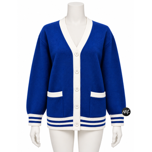 Cárdigan de punto para mujer al por mayor, azul y blanco, con estampado de pata de gallo, cuello en V, manga larga, informal, para otoño, 100% acrílico, con bolsillos, de un solo botón. - Product Image 1