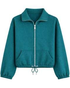 Sudadera corta de forro polar rojo brillante con cremallera completa para mujer, cuello polo, bolsillos delanteros, dobladillo con cordón ajustable, estilo casual y cálido para la calle - Product Image 1