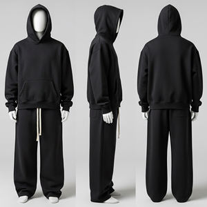 ชุดเซ็ตเสื้อผ้าผู้ชายสำหรับฤดูหนาว ผ้าฟลีซบุขนด้านใน สีพื้น ผ้าฝ้าย 100% ระบายอากาศได้ดี ชุดสองชิ้น ประกอบด้วยเสื้อฮู้ดแบบสวมหัวและกางเกงขายาว - Product Image 1