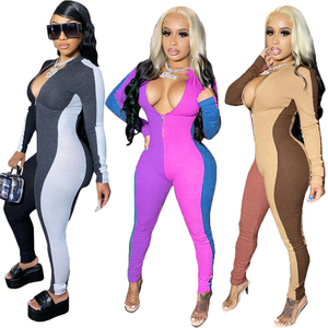 Combinaison femme color block à manches longues, taille haute, coupe ajustée, longueur intégrale, col rond, en Spandex et Polyester, style streetwear - Product Image 2