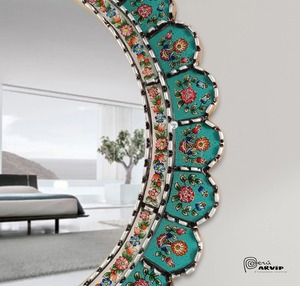 Hand-Painted Turquoise & Floral Scalloped Crystal Glass <b>Round</b> <b>Wall</b> <b>Mirror</b> 5mm Thick REHMAN CRAFT - Product Image 6